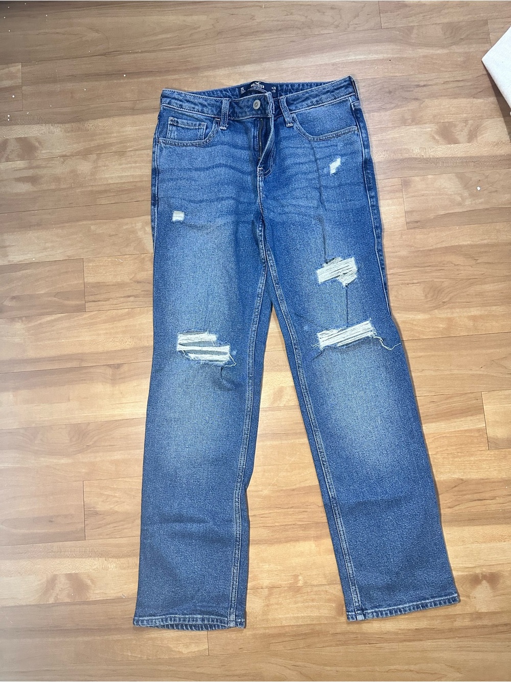 Distressed Straight-Leg Blue Jeans